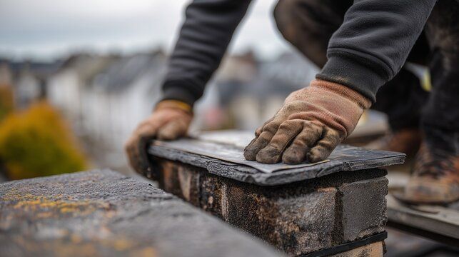 Gloved hands smoothing a fresh cap stone on a chimney top