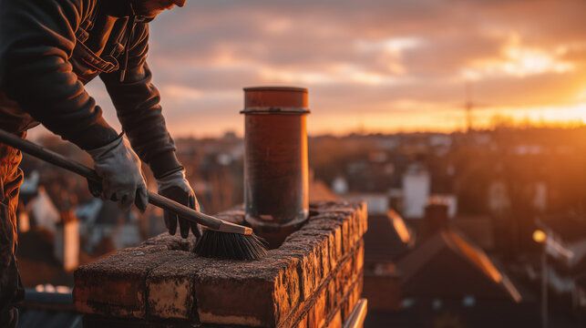 Sweep brushing a chimney crown against a Toms River sunset