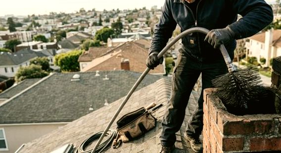 Chimney sweep feeding a flexible rod into a brick flue above Toms River rooftops