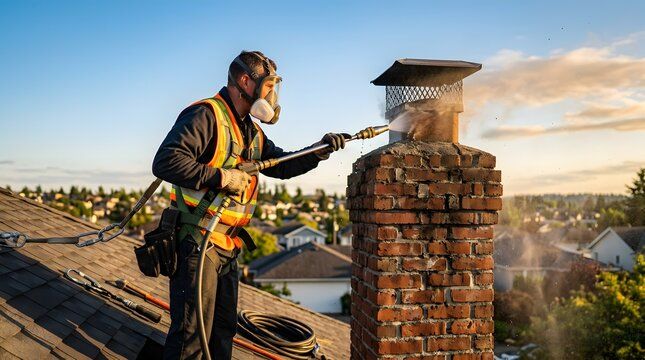 Technician in respirator treating a brick chimney at the cap