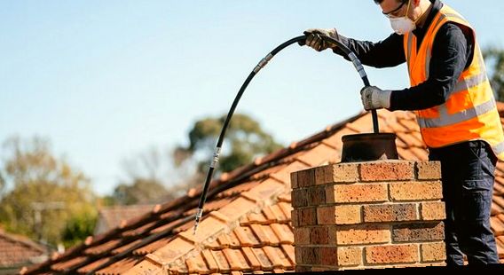Sweep in safety vest running a rod into a brick chimney pot